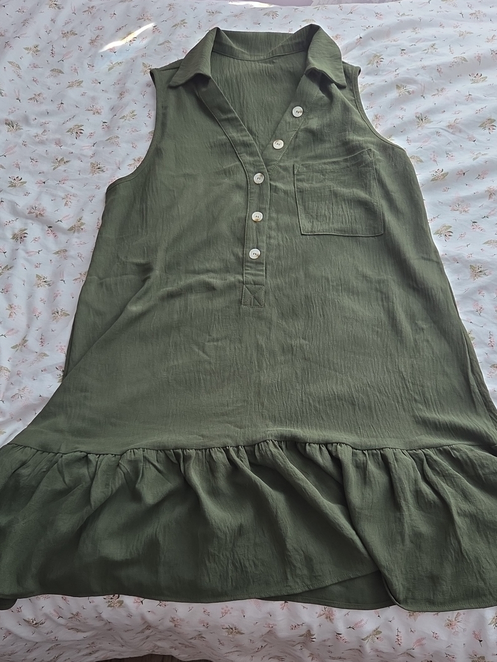 Sleeveless Collared Ruffle-Hem Dress - Olive Green